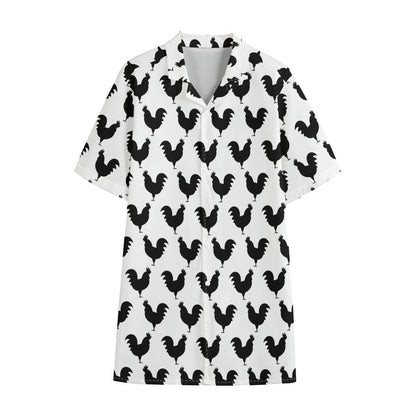 Black And White Rooster Pattern Print Cotton Hawaiian Shirt