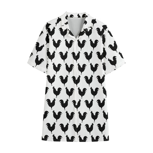 Black And White Rooster Pattern Print Cotton Hawaiian Shirt