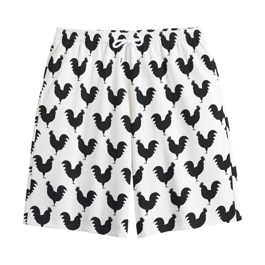 Black And White Rooster Pattern Print Cotton Shorts