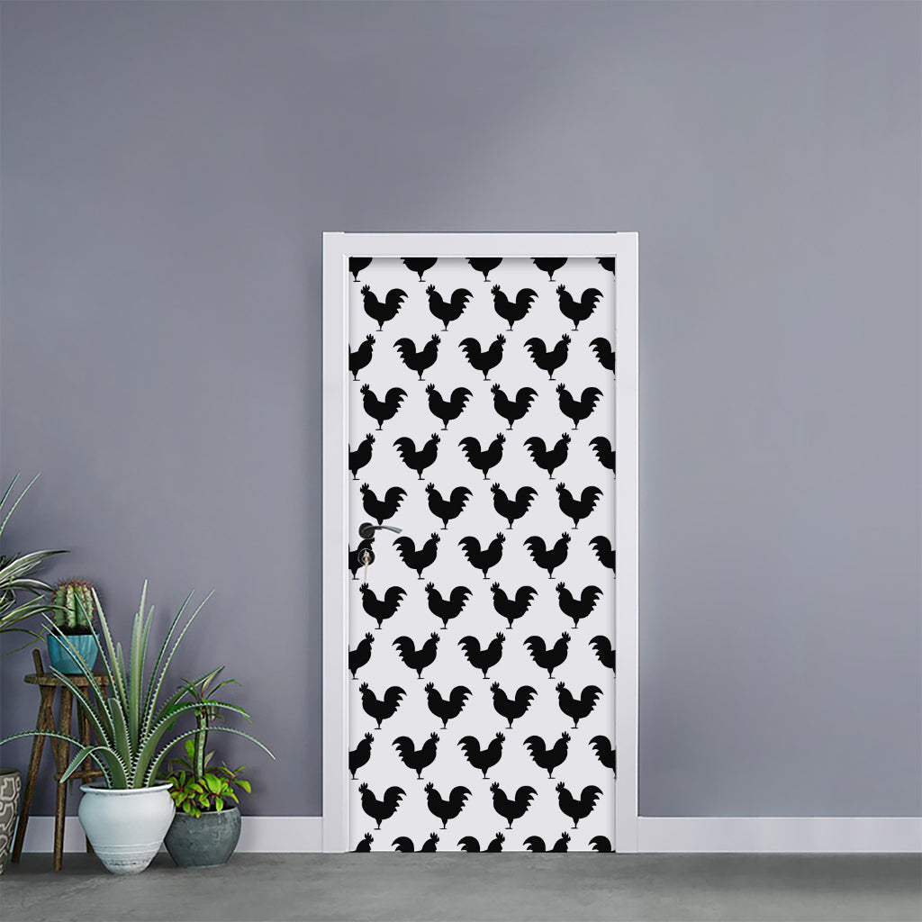 Black And White Rooster Pattern Print Door Sticker