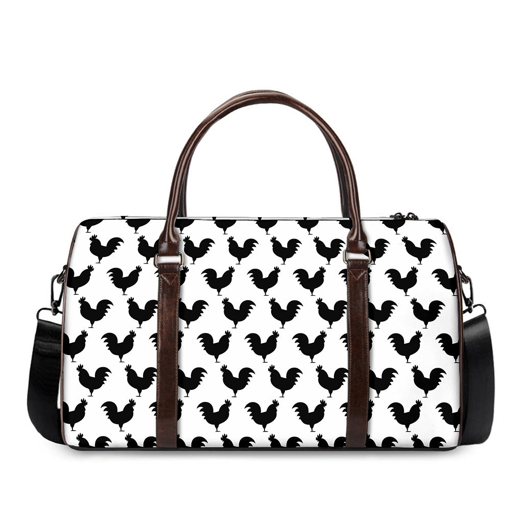 Black And White Rooster Pattern Print Duffle Bag