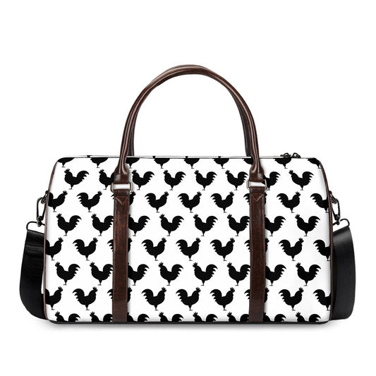 Black And White Rooster Pattern Print Duffle Bag
