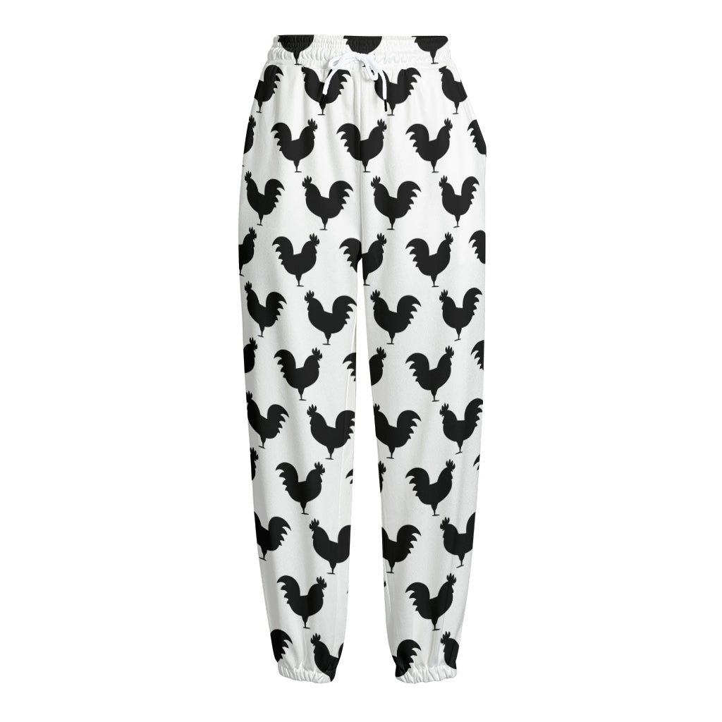 Black And White Rooster Pattern Print Fleece Lined Knit Pants