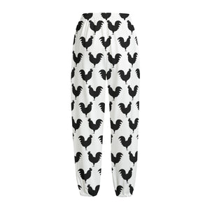 Black And White Rooster Pattern Print Fleece Lined Knit Pants