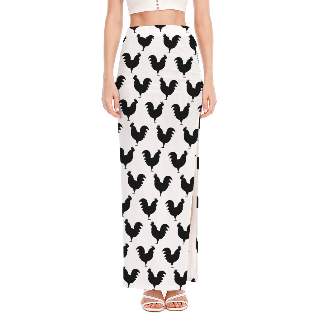 Black And White Rooster Pattern Print High Slit Maxi Skirt