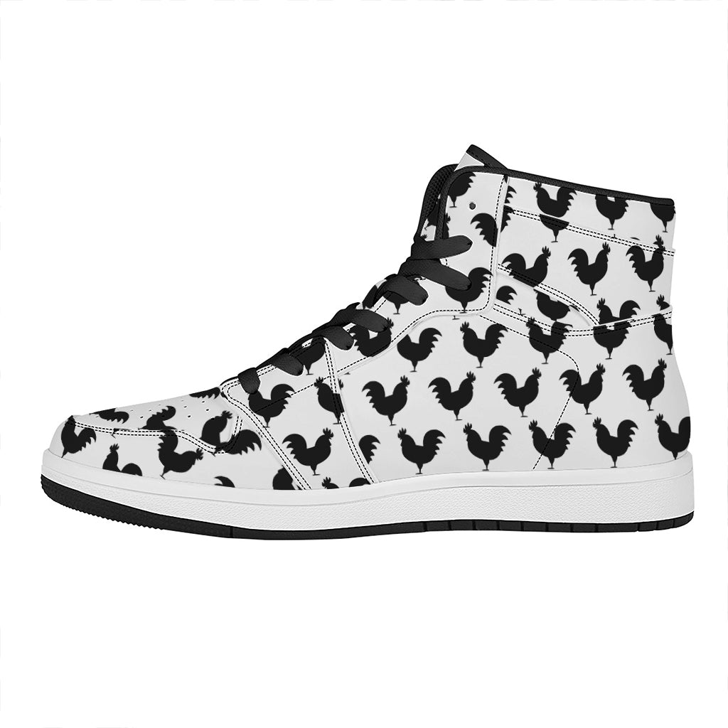 Black And White Rooster Pattern Print High Top Leather Sneakers