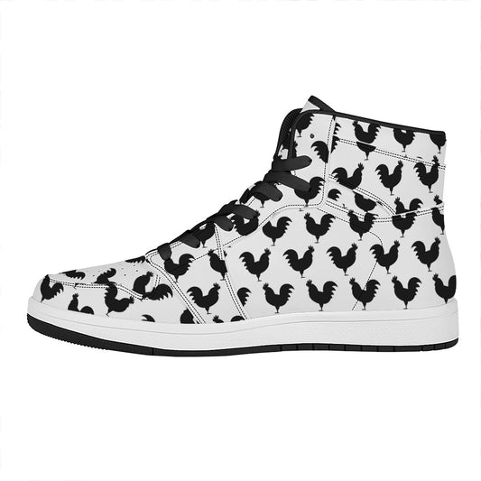 Black And White Rooster Pattern Print High Top Leather Sneakers