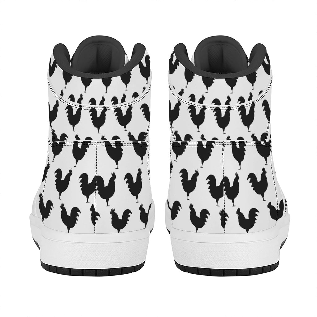 Black And White Rooster Pattern Print High Top Leather Sneakers