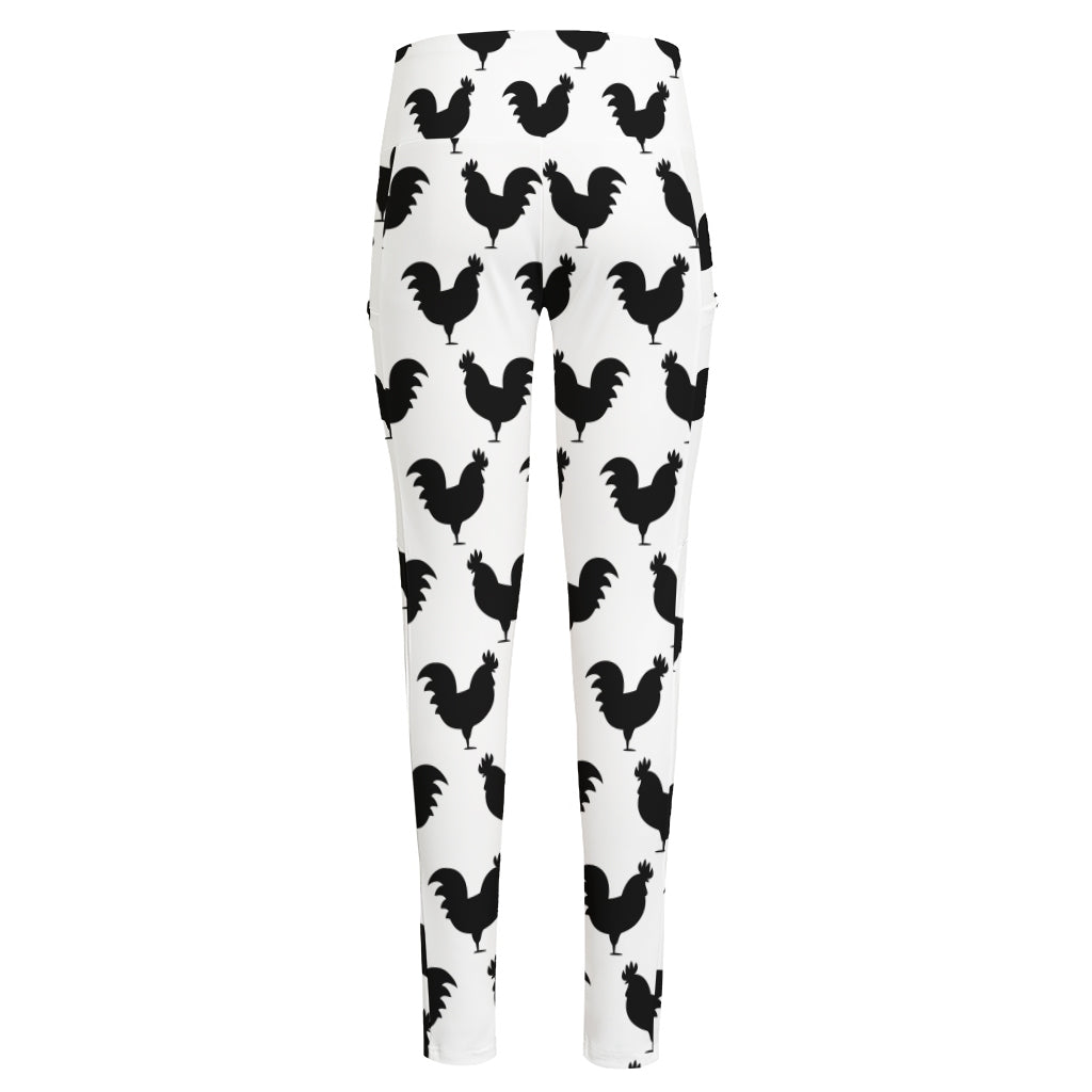 Black And White Rooster Pattern Print High-Waisted Pocket Leggings