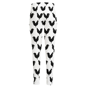 Black And White Rooster Pattern Print High-Waisted Pocket Leggings