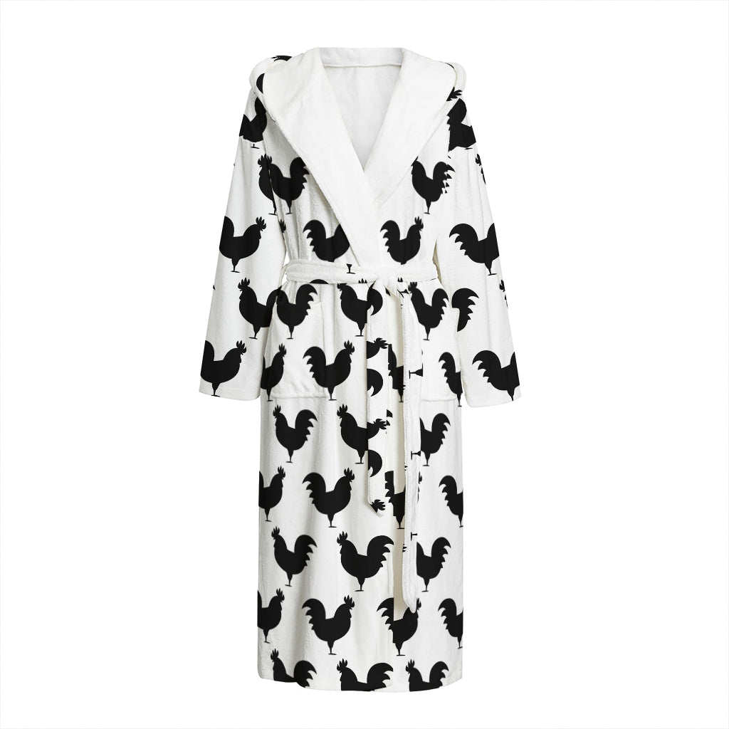 Black And White Rooster Pattern Print Hooded Bathrobe