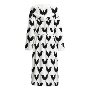 Black And White Rooster Pattern Print Hooded Bathrobe