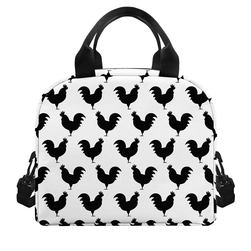 Black And White Rooster Pattern Print Insulated Lunch Bag