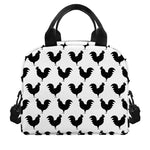 Black And White Rooster Pattern Print Insulated Lunch Bag