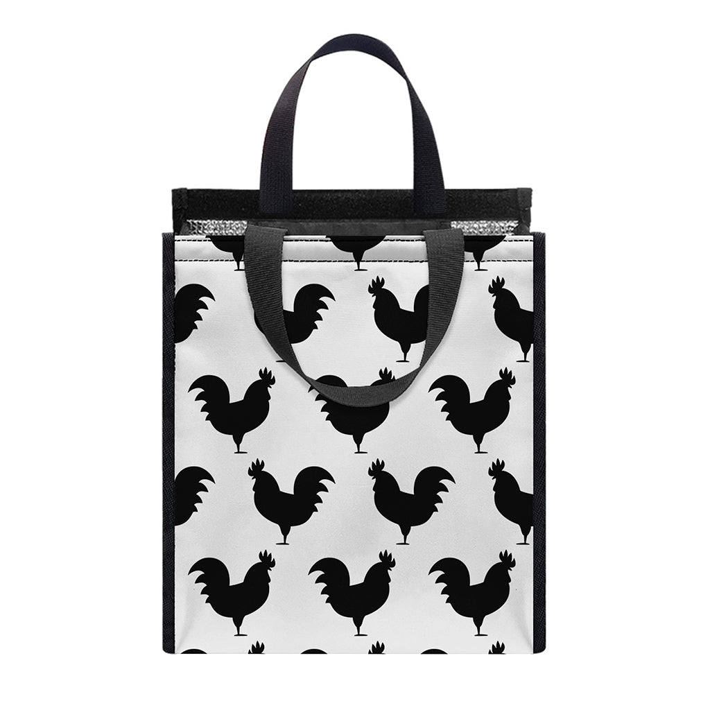 Black And White Rooster Pattern Print Insulated Lunch Tote
