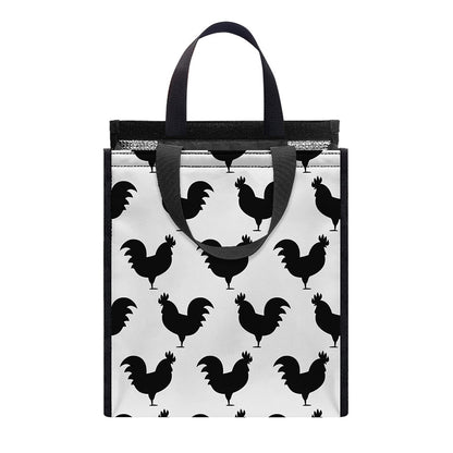 Black And White Rooster Pattern Print Insulated Lunch Tote