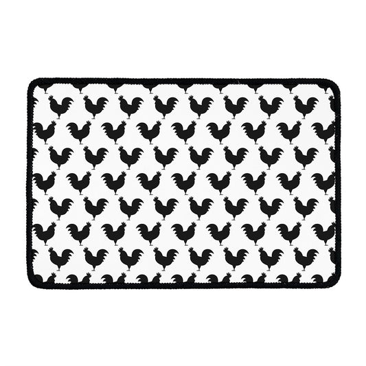 Black And White Rooster Pattern Print Kitchen Mat