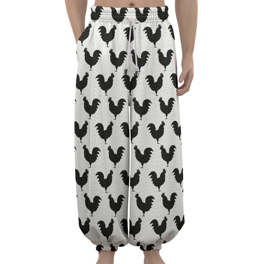 Black And White Rooster Pattern Print Lantern Pants