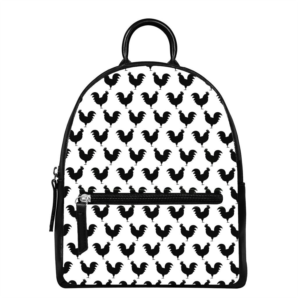 Black And White Rooster Pattern Print Leather Backpack