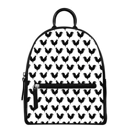 Black And White Rooster Pattern Print Leather Backpack