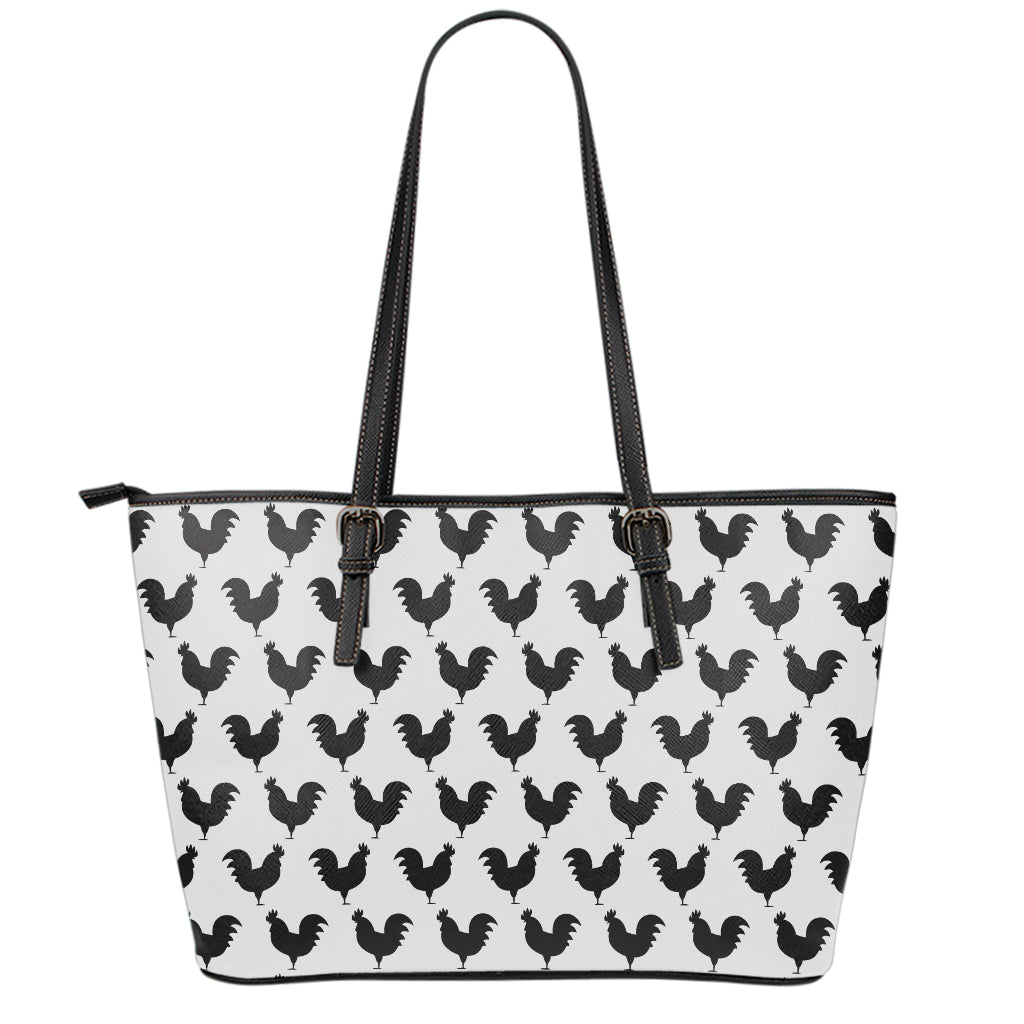 Black And White Rooster Pattern Print Leather Tote Bag