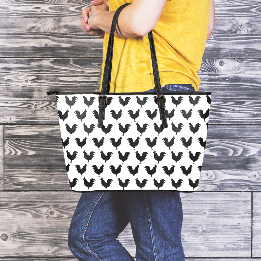 Black And White Rooster Pattern Print Leather Tote Bag