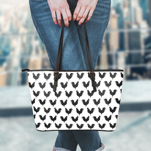 Black And White Rooster Pattern Print Leather Tote Bag