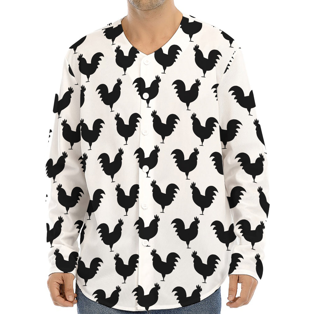 Black And White Rooster Pattern Print Long Sleeve Baseball Jersey