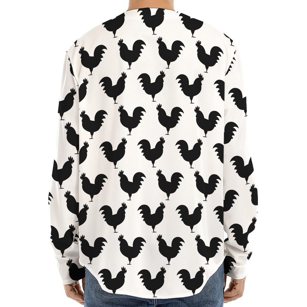 Black And White Rooster Pattern Print Long Sleeve Baseball Jersey