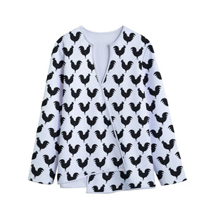 Black And White Rooster Pattern Print Long Sleeve Short Coat