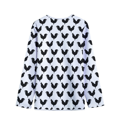 Black And White Rooster Pattern Print Long Sleeve Short Coat