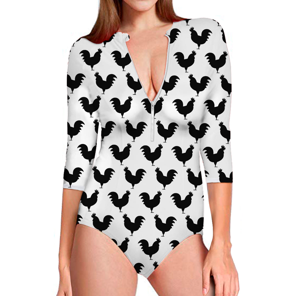 Black And White Rooster Pattern Print Long Sleeve Swimsuit