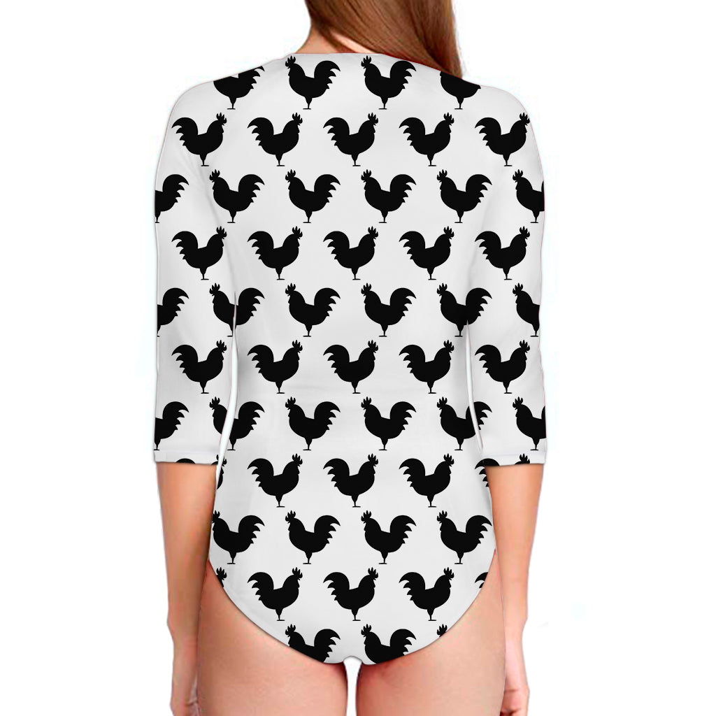 Black And White Rooster Pattern Print Long Sleeve Swimsuit