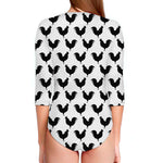 Black And White Rooster Pattern Print Long Sleeve Swimsuit