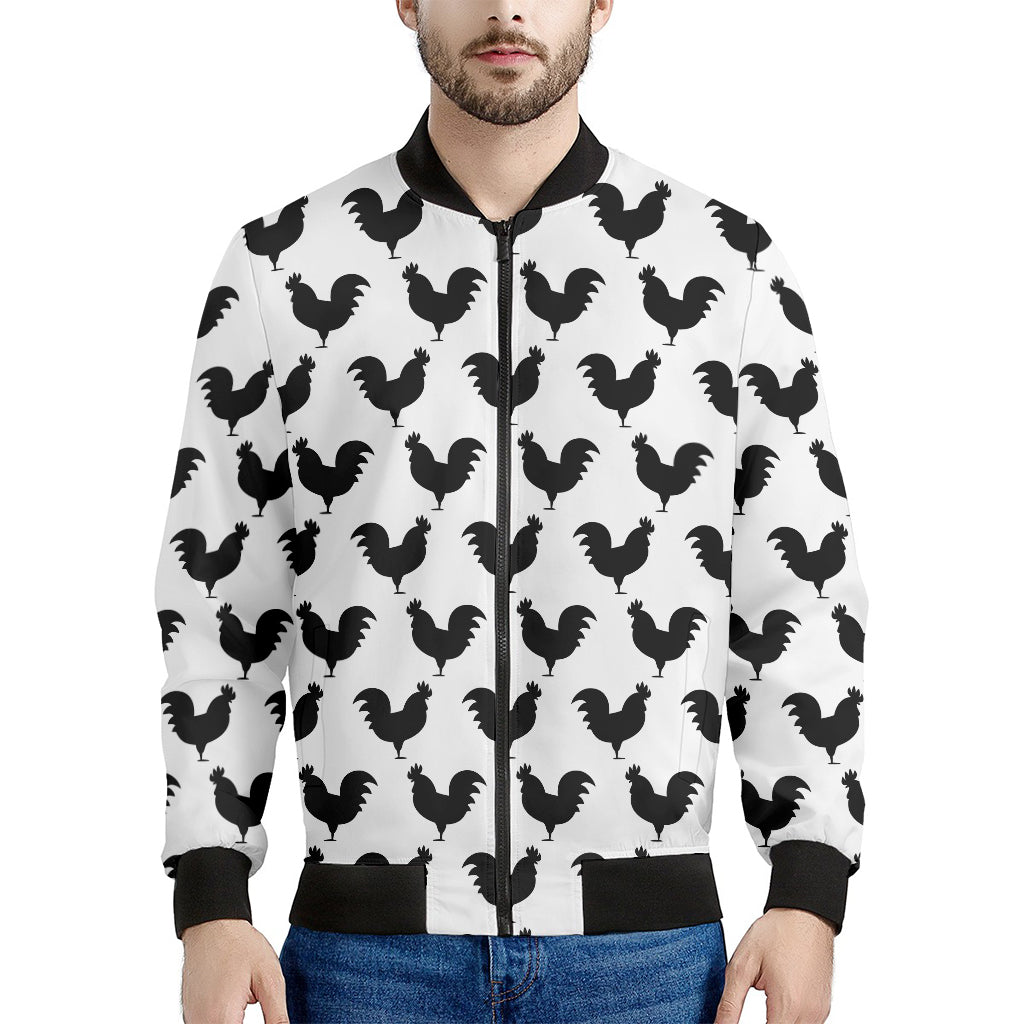 Black And White Rooster Pattern Print Men's Bomber Jacket