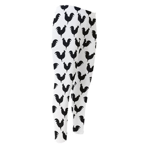 Black And White Rooster Pattern Print Men's Compression Pants