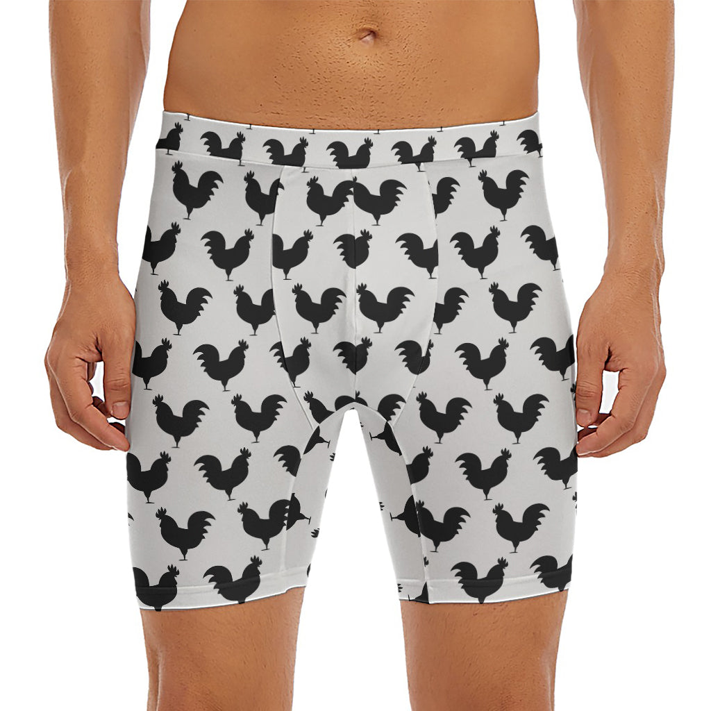 Black And White Rooster Pattern Print Men's Long Boxer Briefs