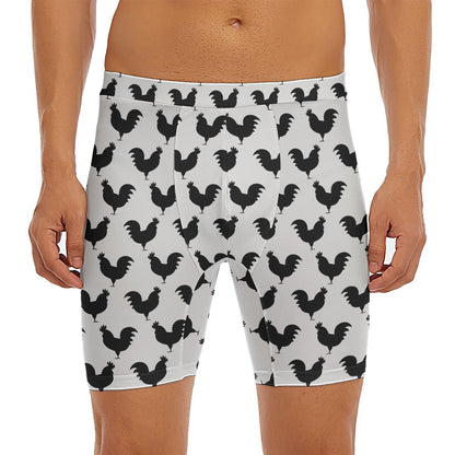 Black And White Rooster Pattern Print Men's Long Boxer Briefs