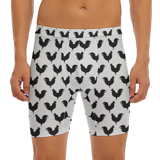 Black And White Rooster Pattern Print Men's Long Boxer Briefs