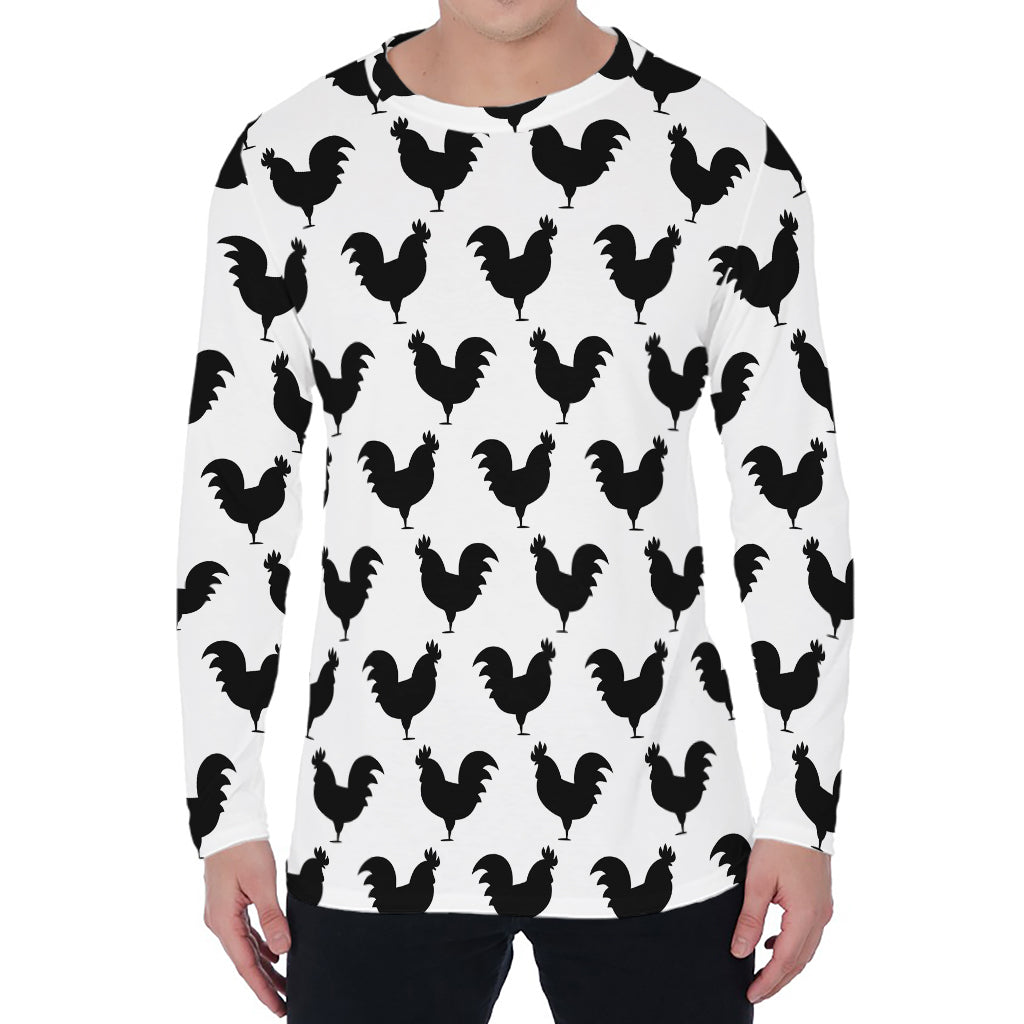 Black And White Rooster Pattern Print Men's Long Sleeve T-Shirt