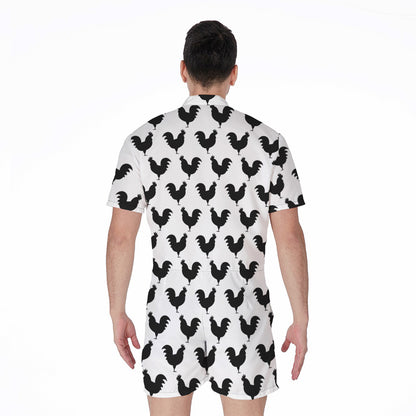 Black And White Rooster Pattern Print Men's Rompers