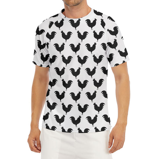 Black And White Rooster Pattern Print Men's Short Sleeve Rash Guard