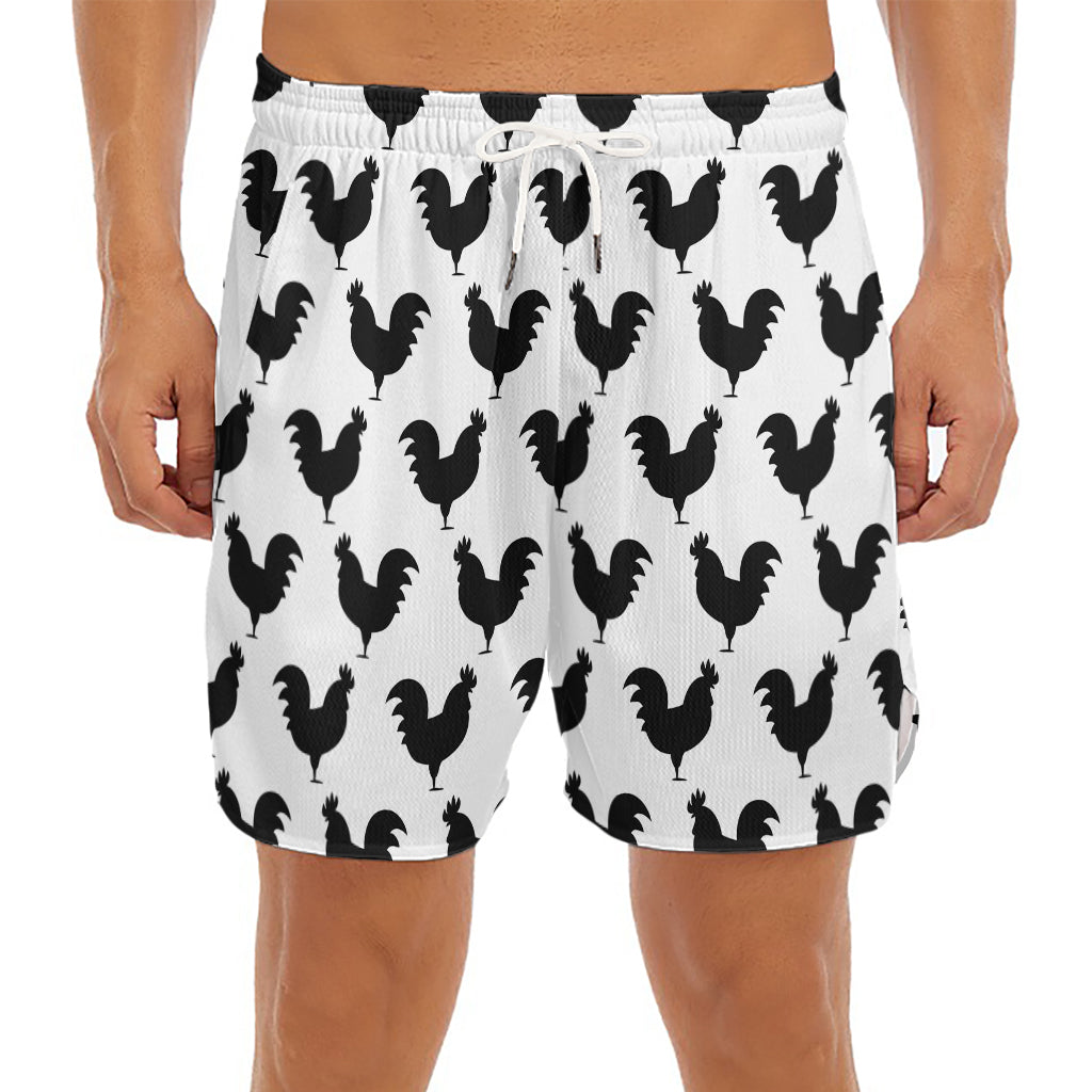 Black And White Rooster Pattern Print Men's Split Running Shorts
