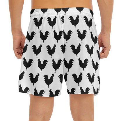 Black And White Rooster Pattern Print Men's Split Running Shorts