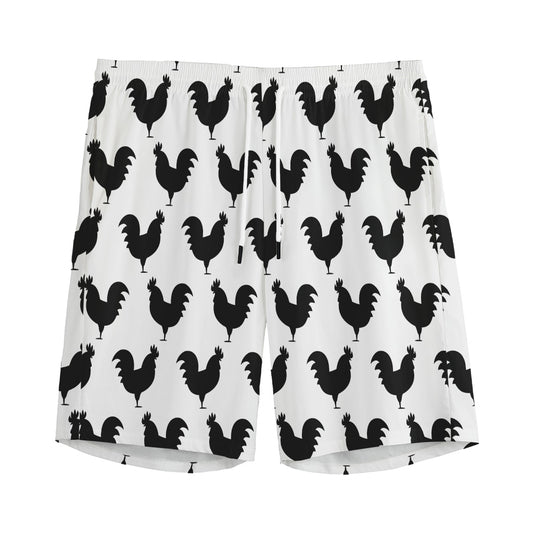 Black And White Rooster Pattern Print Men's Sports Shorts