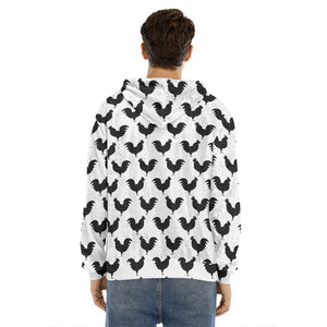 Black And White Rooster Pattern Print Men's Velvet Pullover Hoodie