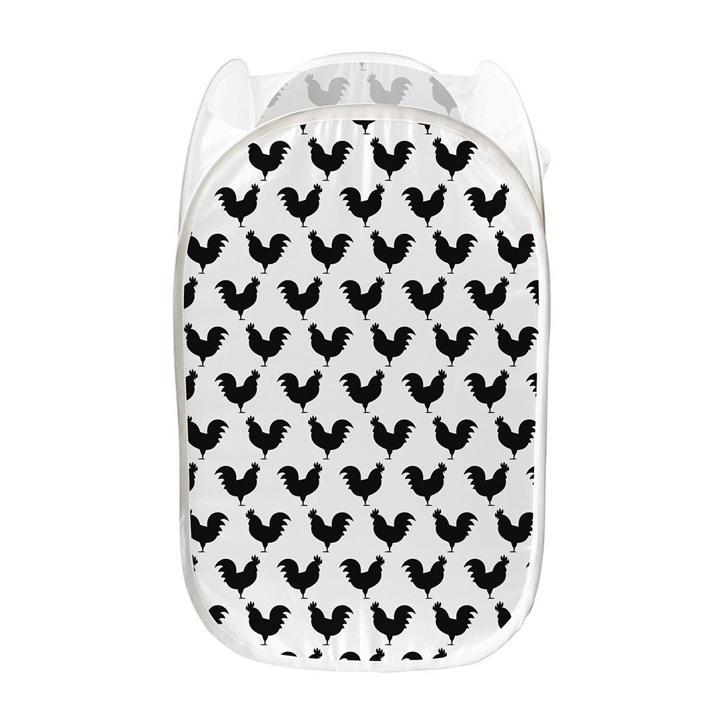 Black And White Rooster Pattern Print Mesh Laundry Hamper