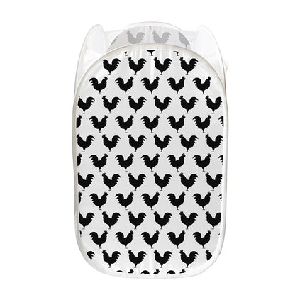 Black And White Rooster Pattern Print Mesh Laundry Hamper