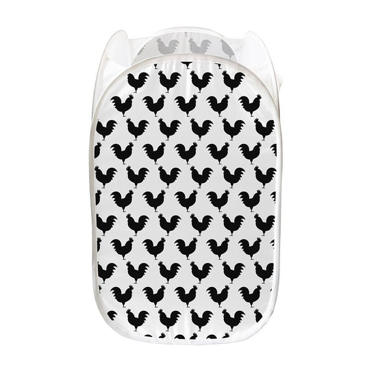 Black And White Rooster Pattern Print Mesh Laundry Hamper