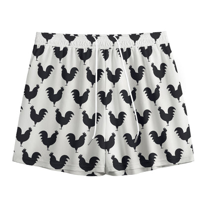 Black And White Rooster Pattern Print Mesh Shorts